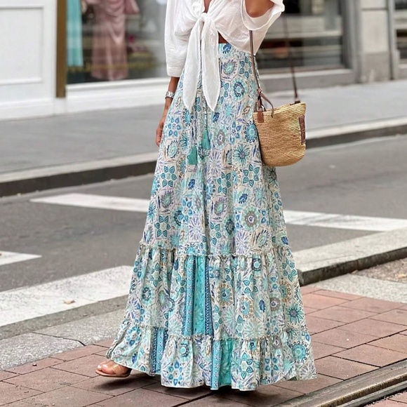 Boho Floral Print High Waist Ruffle Hem Maxi Skirt
